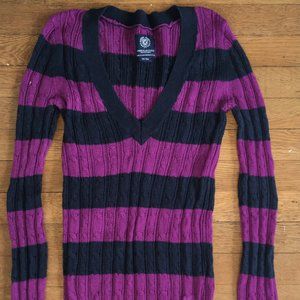 AE American Eagle V-Neck Cable Knit Sweater Size Small Medium Purple Navy Women